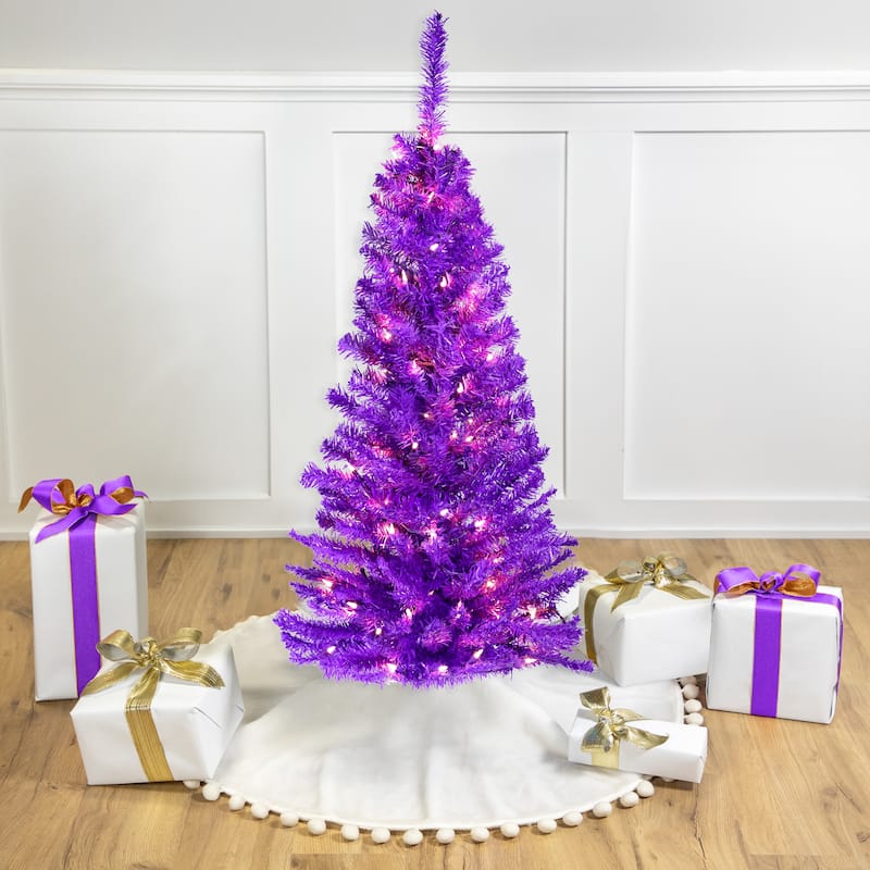 Pre-Lit Medium Artificial Pine Christmas Tree - 4' - Purple - Clear Lights - 4 Foot