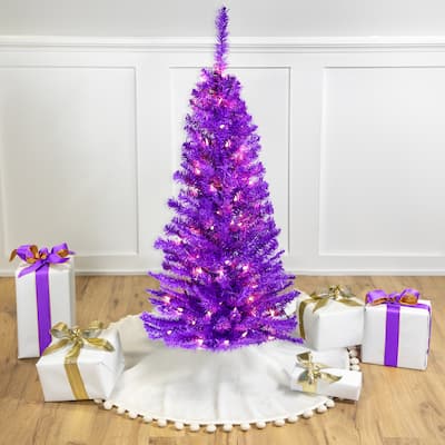 Pre-Lit Medium Artificial Pine Christmas Tree - 4' - Purple - Clear Lights - 4 Foot