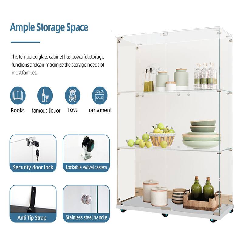 Glass Display Cabinet,Wine Cabinet,Storage Cabinet,File Cabinet, Tempered Glass Top,Bluetooth Led Light Strip,With Door Lock