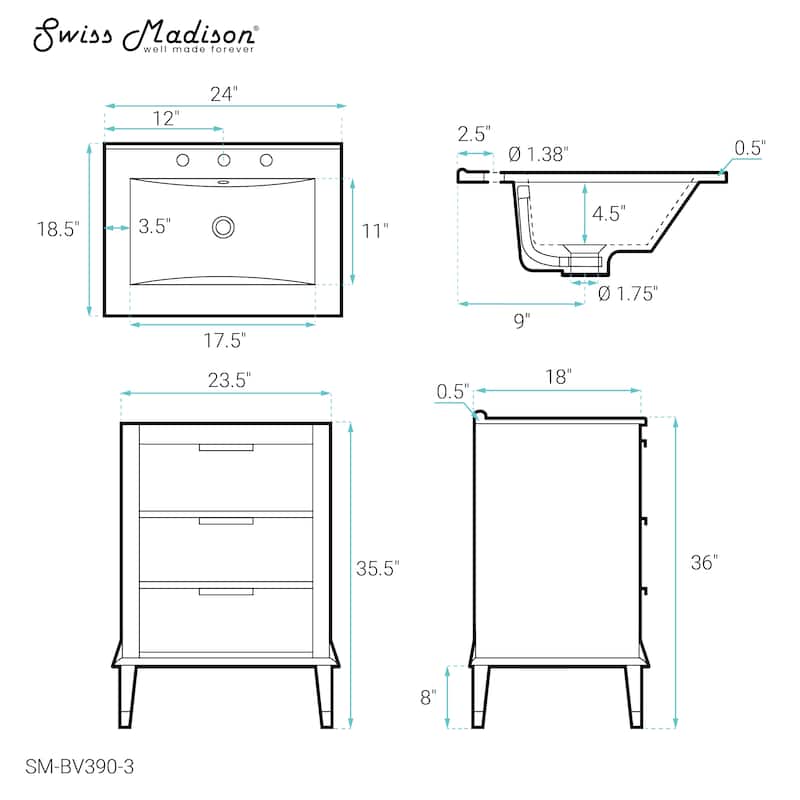 Hugo 24 In. Brown Oak Bathroom Vanity With White, 3-Hole Ceramic Sink Top
