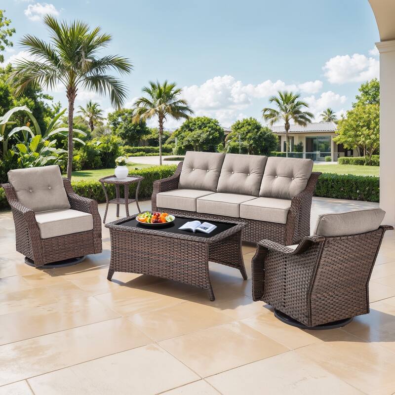 Gymojoy Wicker Patio Furniture Sofa Set, 6-Inch Ultra Thick Cushioned 360°Swivel Glider Chairs & Sofa Set