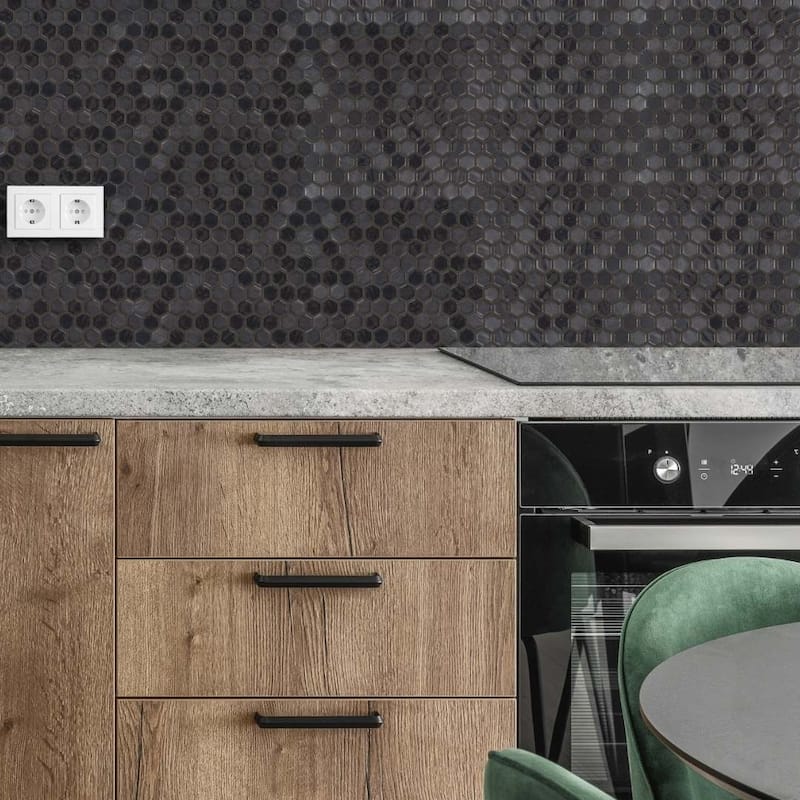 Eterna Hex 1x1 Glass Hexagon Mosaic Tile - Floor, Wall & Backsplash - 1 Sheet (0.95 Sq. ft.) - Stone/ Lisa Black