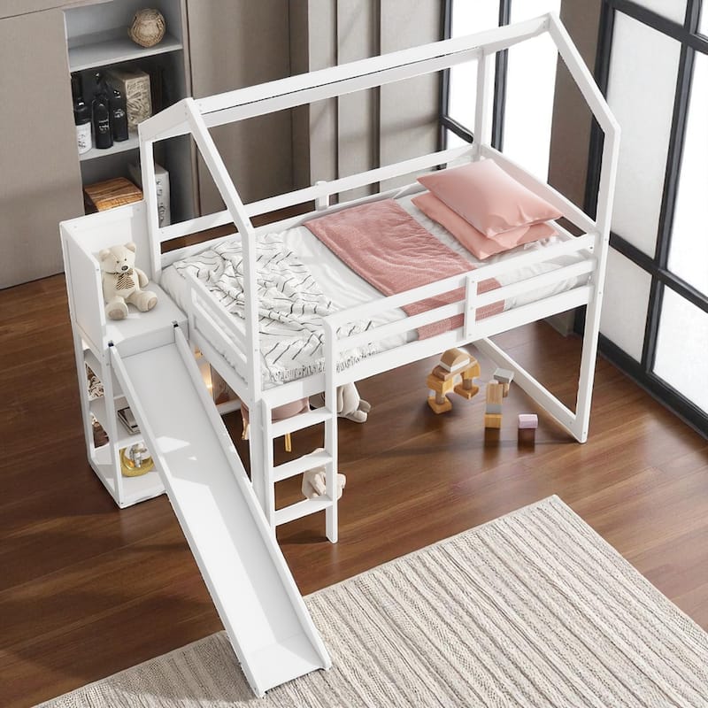 Twin Size Wood House Loft Bed with Slide, Storage Shelves, Light and Climbing Ramp, Full Guardrails