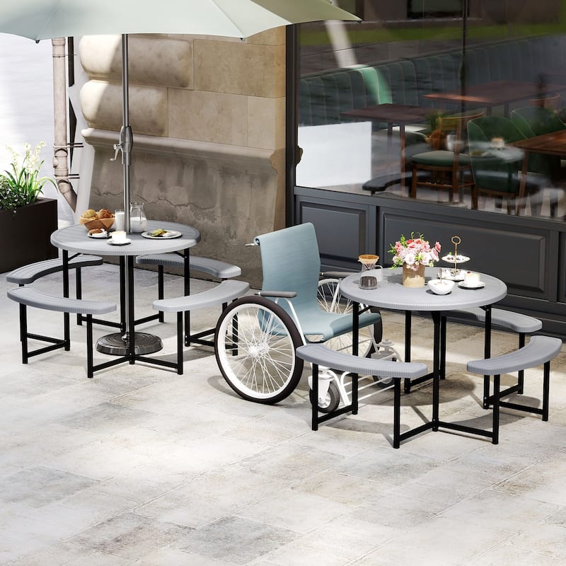 HDPE Round Picnic Table Set with 4 Benches and Umbrella Hole Perfect for Patio or Balcony