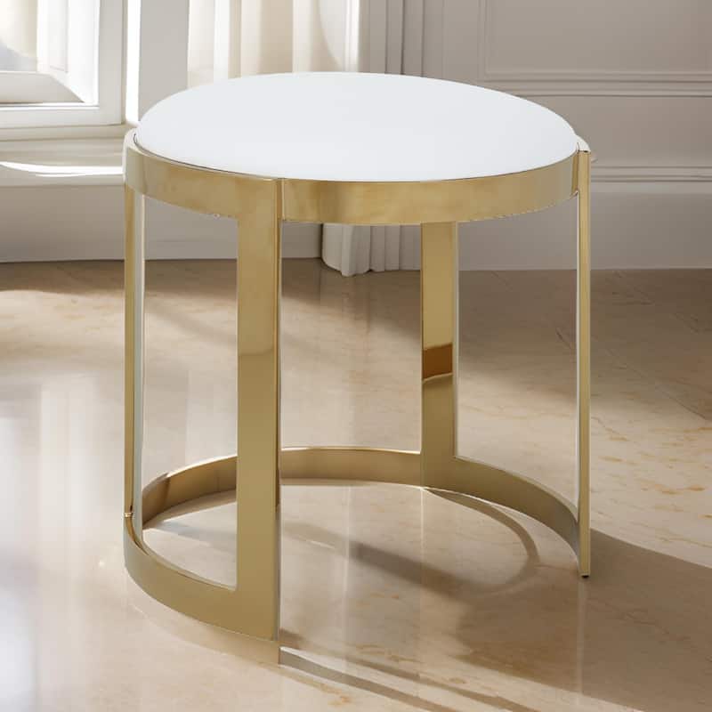 Niyo 19 Inch Accent Stool Ottoman, Round Cushioned White Faux Leather, Gold