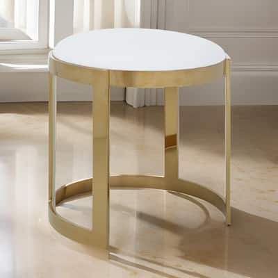 Niyo 19 Inch Accent Stool Ottoman, Round Cushioned White Faux Leather, Gold