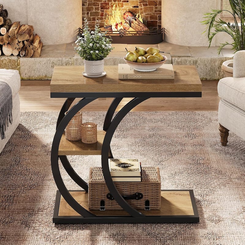 3-Tier End Table, Narrow Wood Couch C-Shaped Side Table with Storage for Living Room Bedroom, Small Spaces, Natural