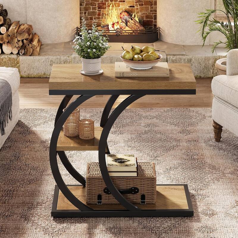 End Table for Living Room, 3-Tier Narrow Wood Couch C-Shaped Side Table - 1 pc