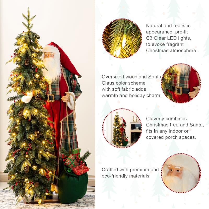 Glitzhome 4ft Oversized Christmas Woodland Santa with 5ft LED Lighted Green Artificial Christmas Tree