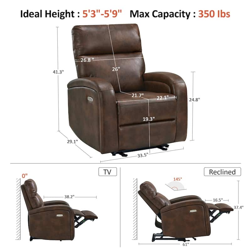 Zero Wall Recliner Chair, Power Recliner with USB & Type-C Dual Charge Ports, for Small Space, Living Room