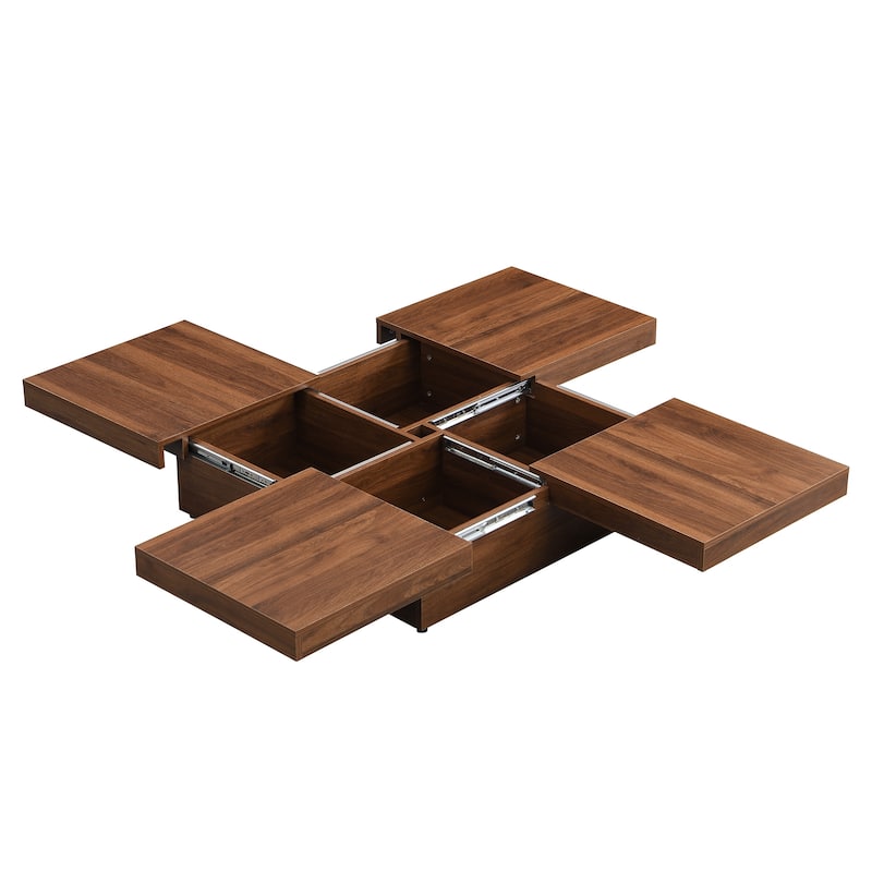 Square Marble Veneer Coffee Table Sliding Top with Storage in Walnut 39.4''
