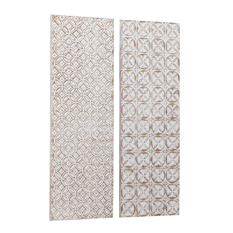 White Wooden Intricately Carved Geometric Home Wall Decor (Set of 2)