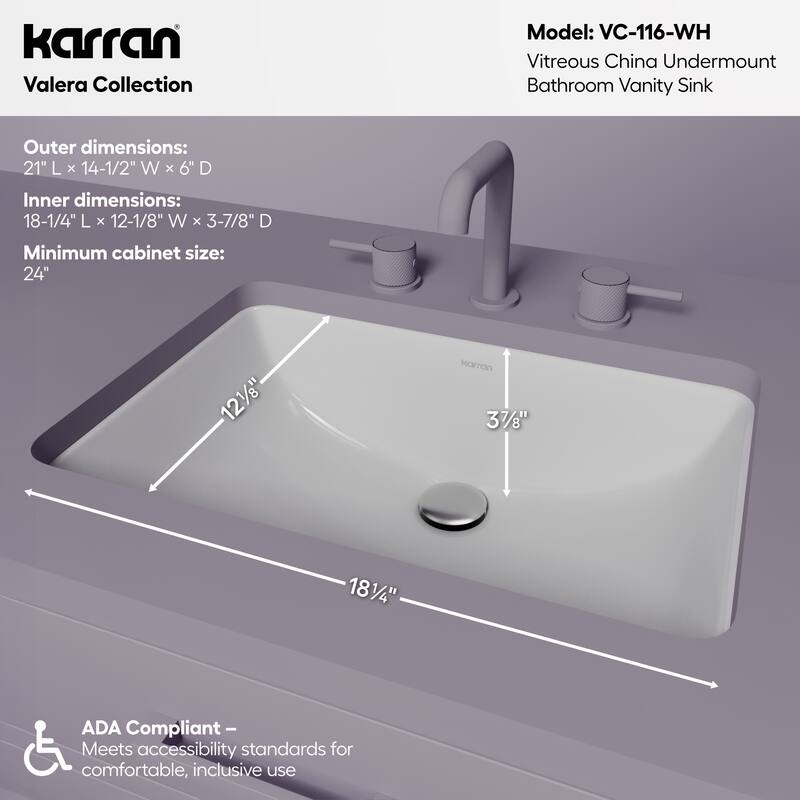 Karran Valera 21" Rectangular Undermount Vitreous China Bathroom Sink in White
