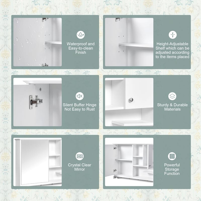 Wall Mounted Medicine Cabinet, Bathroom Storage Cabinet with High-definition Mirror Door, Open Shelves and Adjustabl Shelf