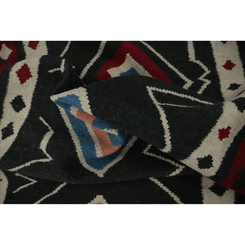 Hand Woven Oriental 100% Wool Carpet Southwestern Tribal Black Kilim Runner Rug - 15' 1'' X 3' 2''