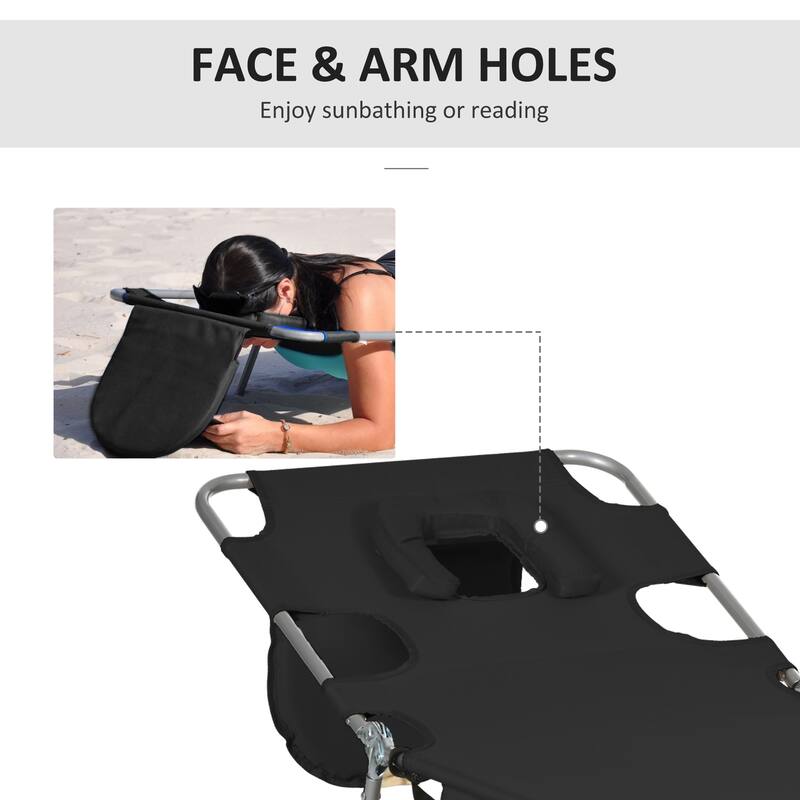 Folding sun loungers with face holes, arm slots and side pockets