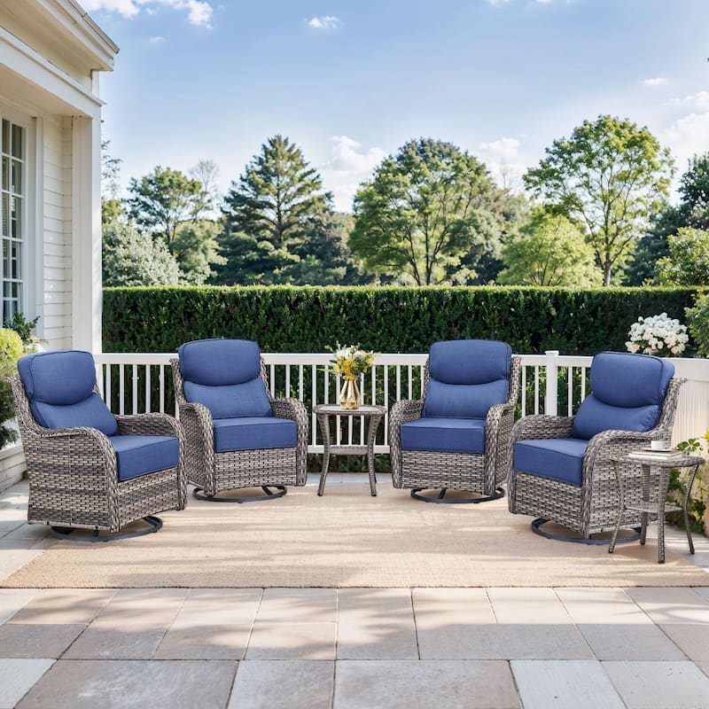 Outdoor Swivel Chairs with 6-Inch Thick Cushions for Garden - Grey Wicker Blue Cushion - 6PCS Swivel Chair w/ Table