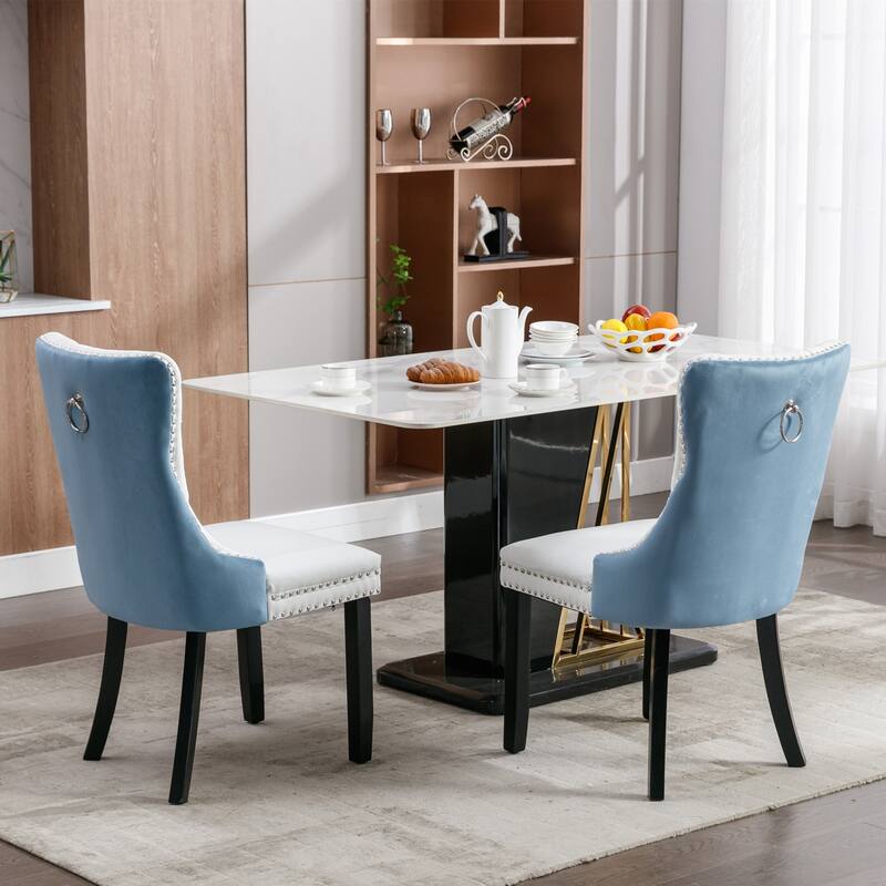 Modern, High-end Tufted Solid Wood PU and Velvet Upholstered Dining Chair with Wood Legs Nailhead Trim 2-Pcs Set