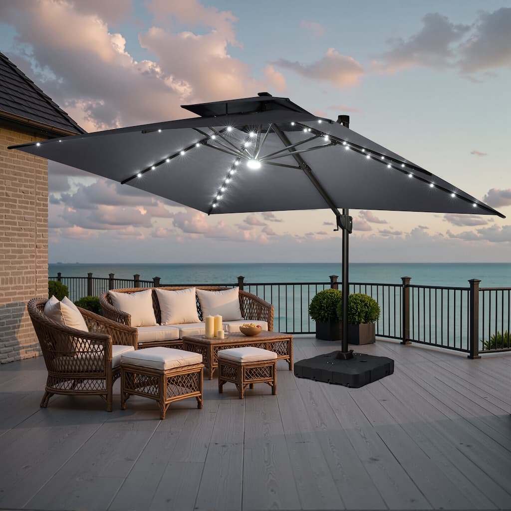 13 FT x 10 FT Outdoor LED Lighted Double Vented Patio Cantilever Umbrella with Base