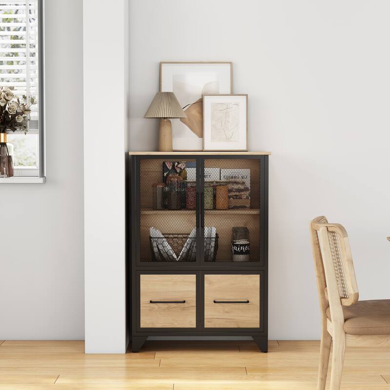 Storage Cabinet With 4 Iron Doors,Black Metal Handle,Sideboard With Adjustable Shelf,Black Sturdy Metal Frame and Metal Legs
