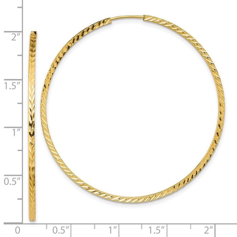 Curata 14k Yellow Gold Diamond Cut Square Tube 1.35x50mm Endless Hoop Earrings