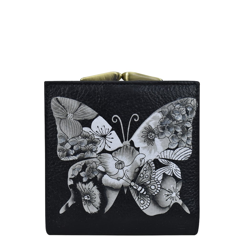 Handpainted Leather Ladies Two fold wallet - Butterfly Mosaic Black