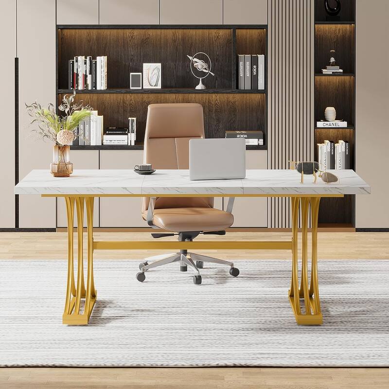 63" Modern Executive Desk, Large Office Computer Desk with Stylish Gold X-Legs, Faux Marble Top Workstation - White+Gold