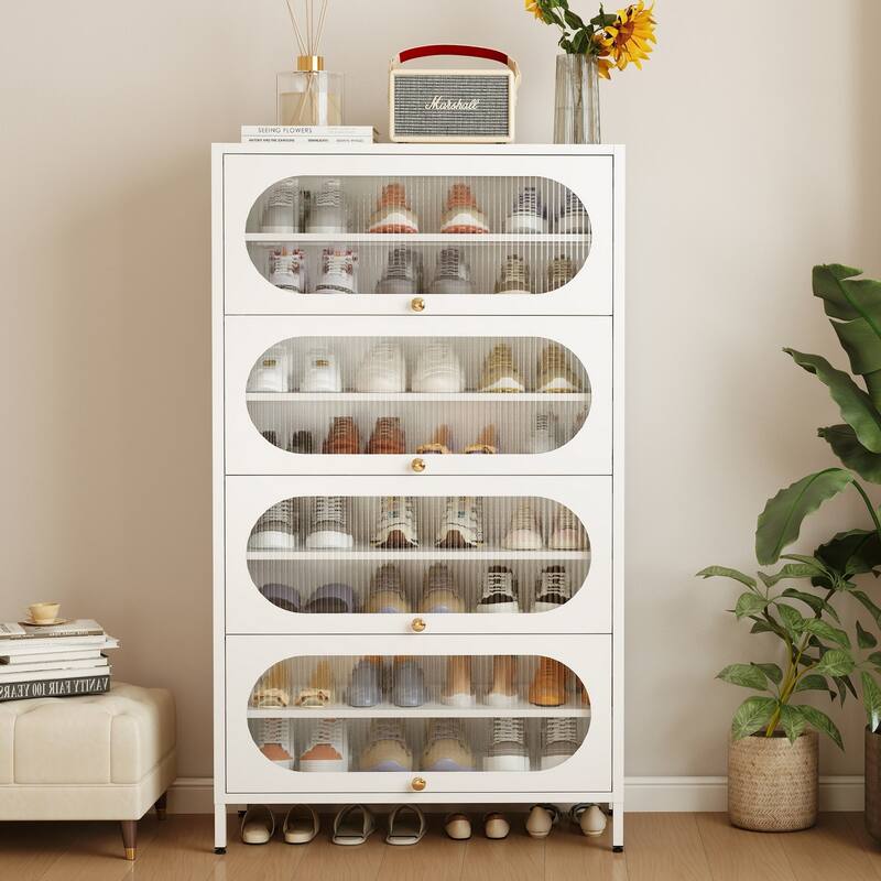 Entryway Shoe Storage Cabinet with 3/4 Flip Doors, Shoe Rack Organizer for Hallway - 4 Door--8 Tier - White-pc door