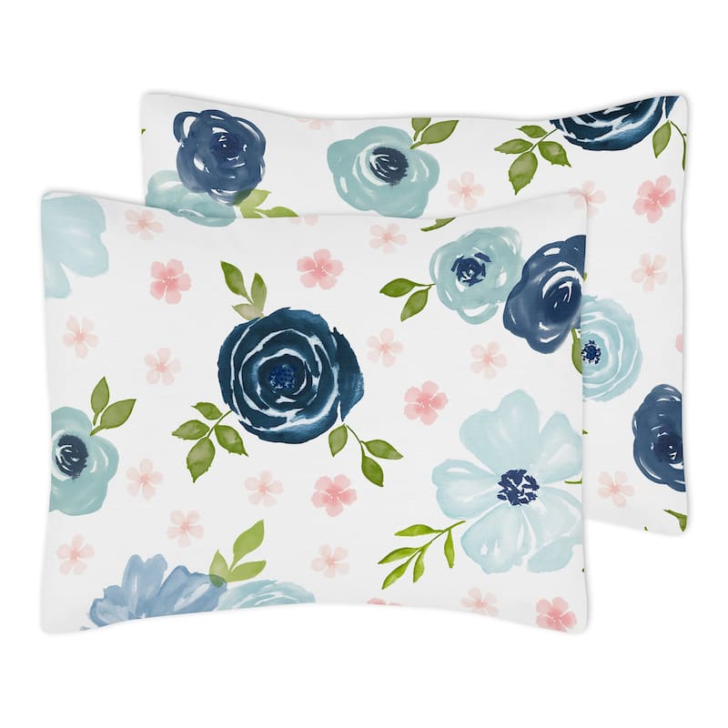 Navy Blue and Pink Watercolor Floral Girl 3pc Full/Queen Comforter Set - Blush Green White Shabby Chic Flower
