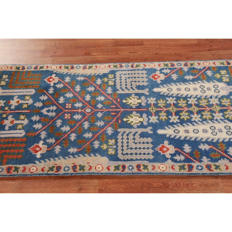 Hand Knotted Oriental 100% Wool Carpet Transitional Geometric Navy Blue & Blues Oushak Area Rug - 6' 0'' X 2' 7''