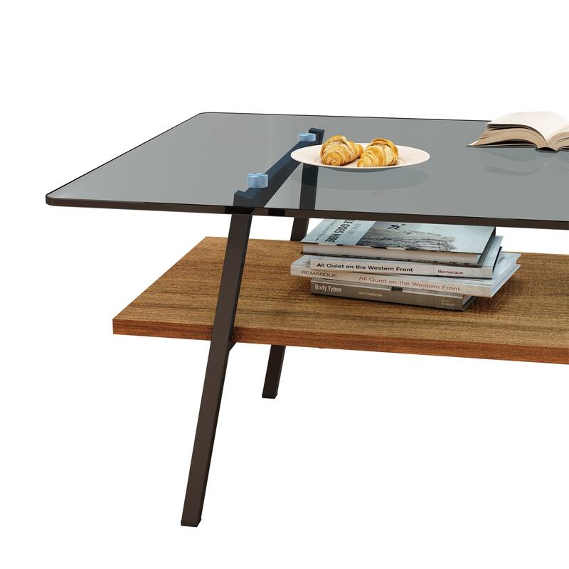 Rectangle Coffee Table, Tempered Glass Tabletop with Black Metal Legs