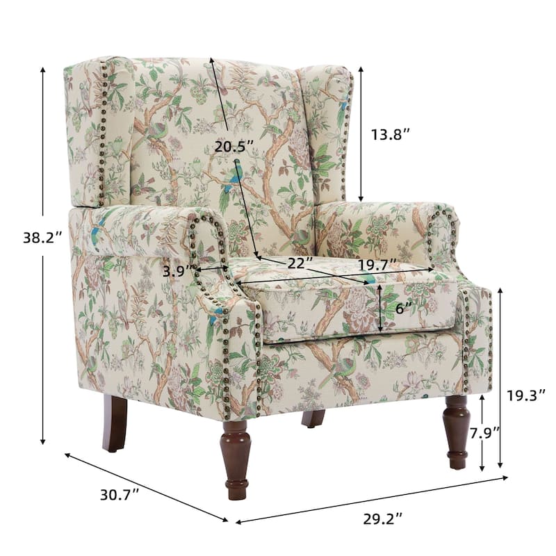 Traditional Floral Patterned Wingback Armchair with Nailhead Trim