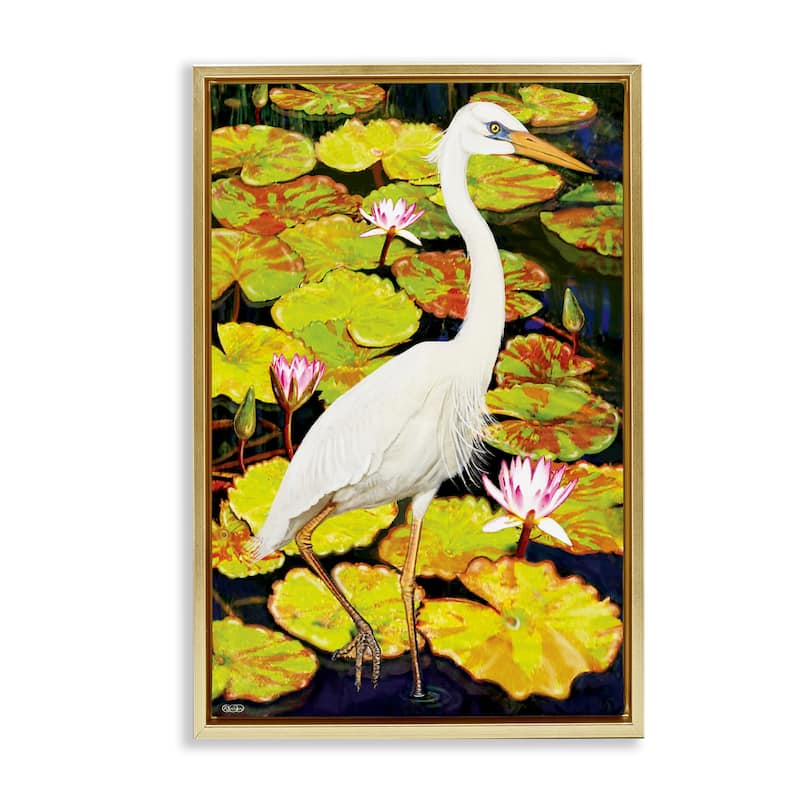 Stupell Stepping Bird on Lily Pads Framed Floater Canvas Wall Art Design By Rosiland Solomon - 17 x 25 - Gold
