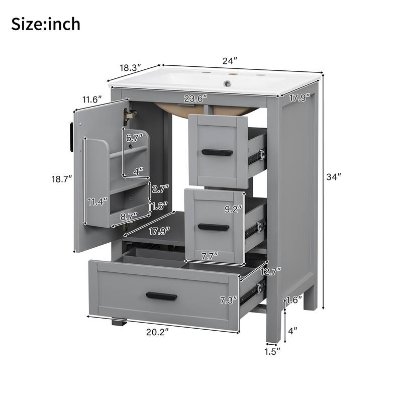 GDFStudio - Maple Modern Freestanding Bathroom Vanity with Ceramic Sink, Soft Close Door and Multi Drawer Storage
