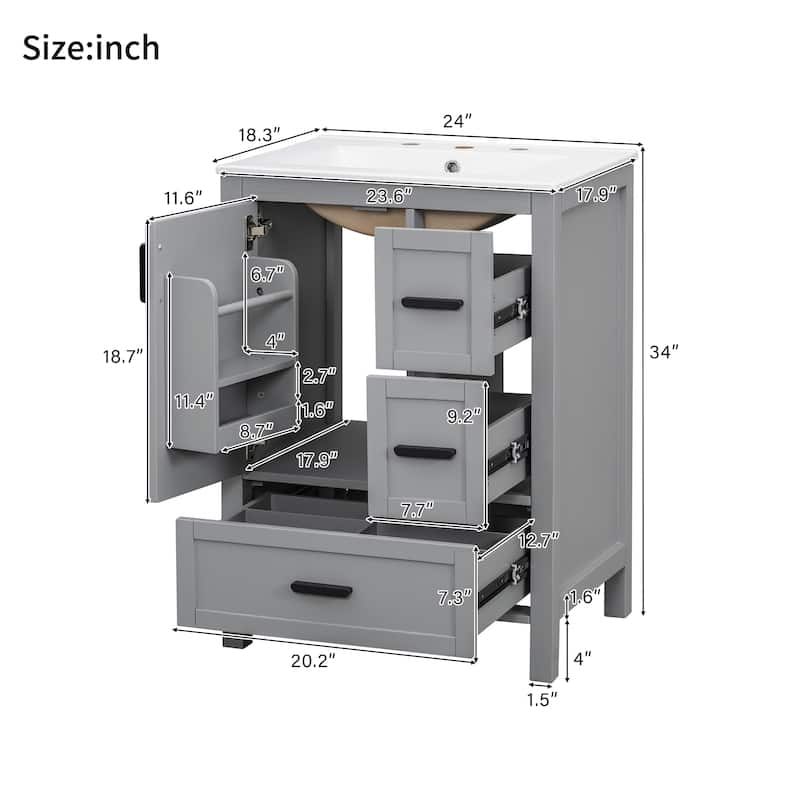 Modern 24-inch Bathroom Vanity with Ceramic Sink, Soft-Close Door, Double-Layer Door Shelf, and 3 Drawers