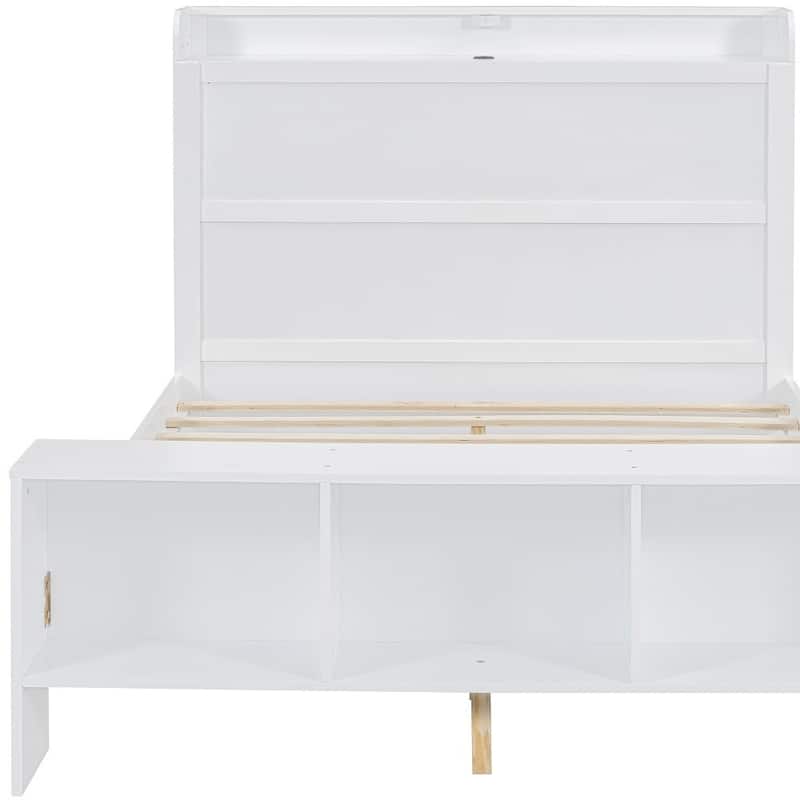 HomeRoots White Wood Full Bed Frame With LED Lighting And USB