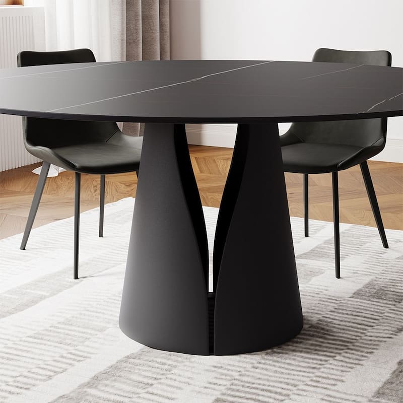 Modern Round White Dining Table，Sintered Stone Tabletop, Solid Black Carbon Steel Base