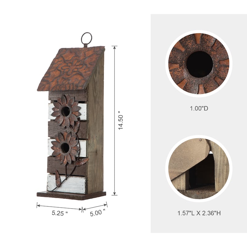 Glitzhome 14.5"H Two-Tiered Distressed Solid Wood Cottage Birdhouse with Flowers - 14.5"