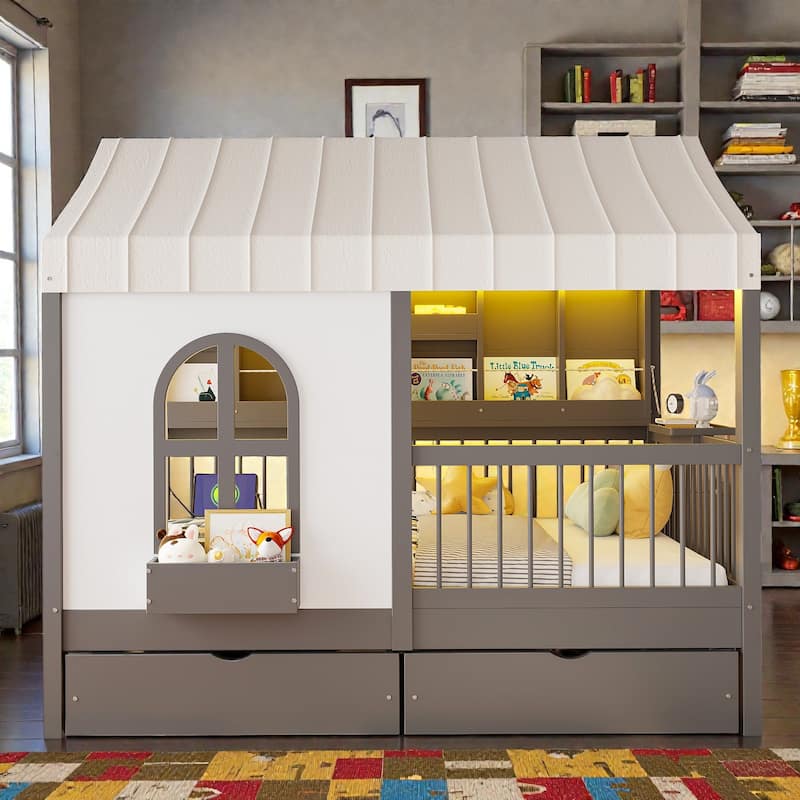 Full Size Kids House Bed with 2 Storage Drawers, Side Bookshelf with LED Strip, Guardrails and Charging Station - Grey - Full