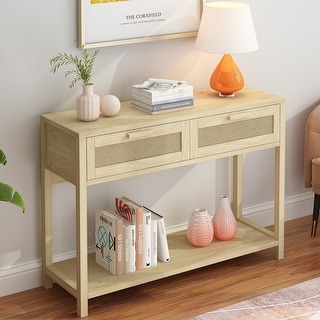 39.4" Rattan Console Table with 2 Drawers Entryway Table