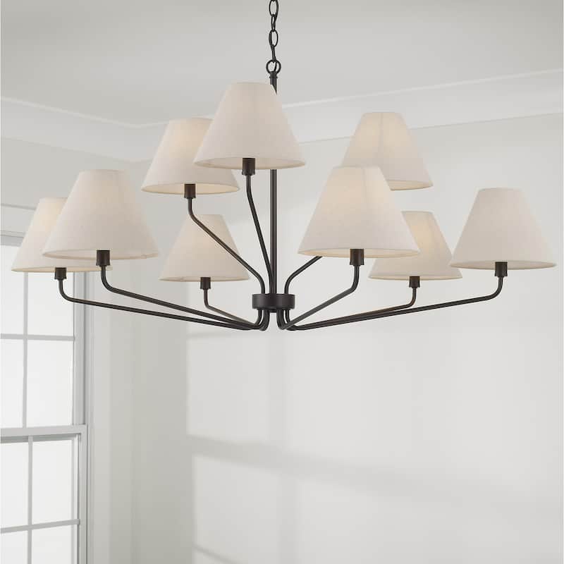 45" W x 22.5" H 9-Light Angular Two-Tier Chandelier with Tapered White Fabric Shades - 45"W x 22.25"H