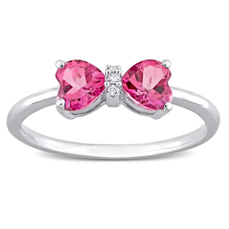 Miadora 2-1/10ct TGW Heart Pink Topaz Diamond Accent 2-Piece Bow Necklace Ring Set 10k White Gold