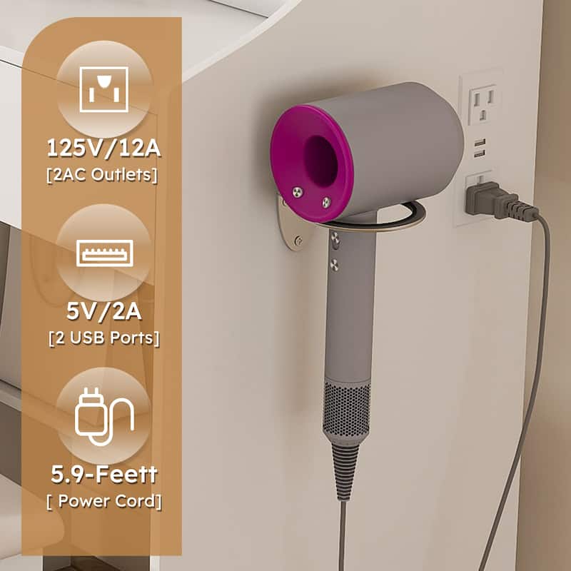 Vanity Desk with LED Mirror, Power Outlet, 3 Drawers, 7 Shelves and Storage Stool, Makeup Table for Women