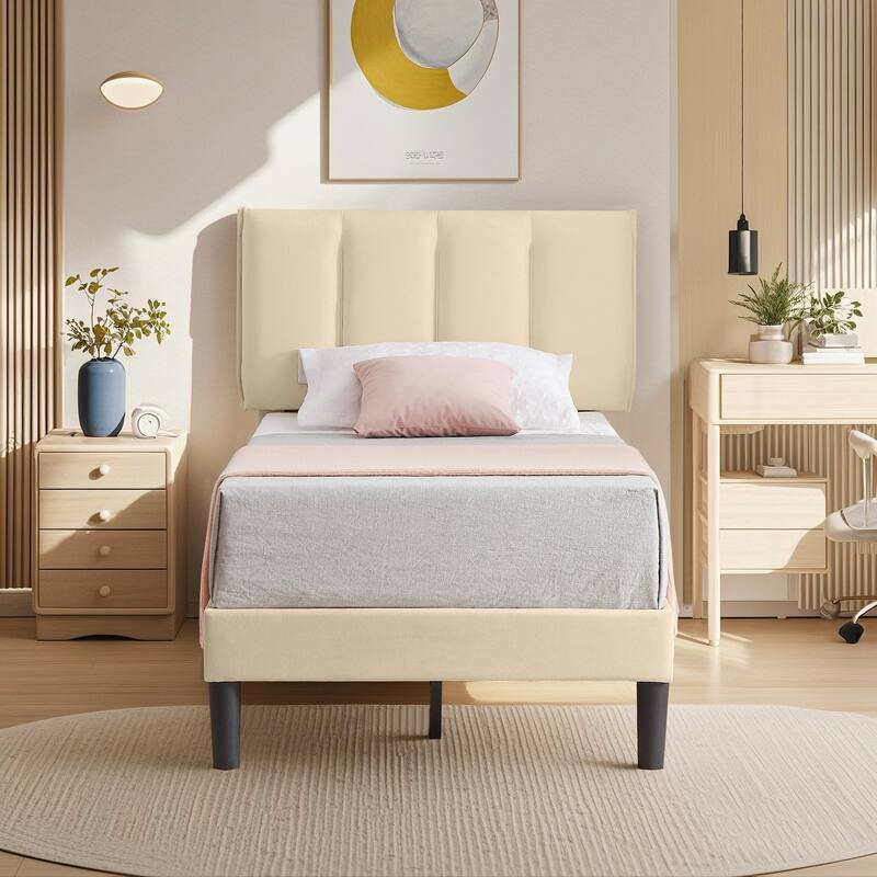 Upholstered Velvet Upholstered Bed Frame with Adjustable Height Headboard No Box Spring Needed Platform Bed Under Bed Storage - Beige - Twin