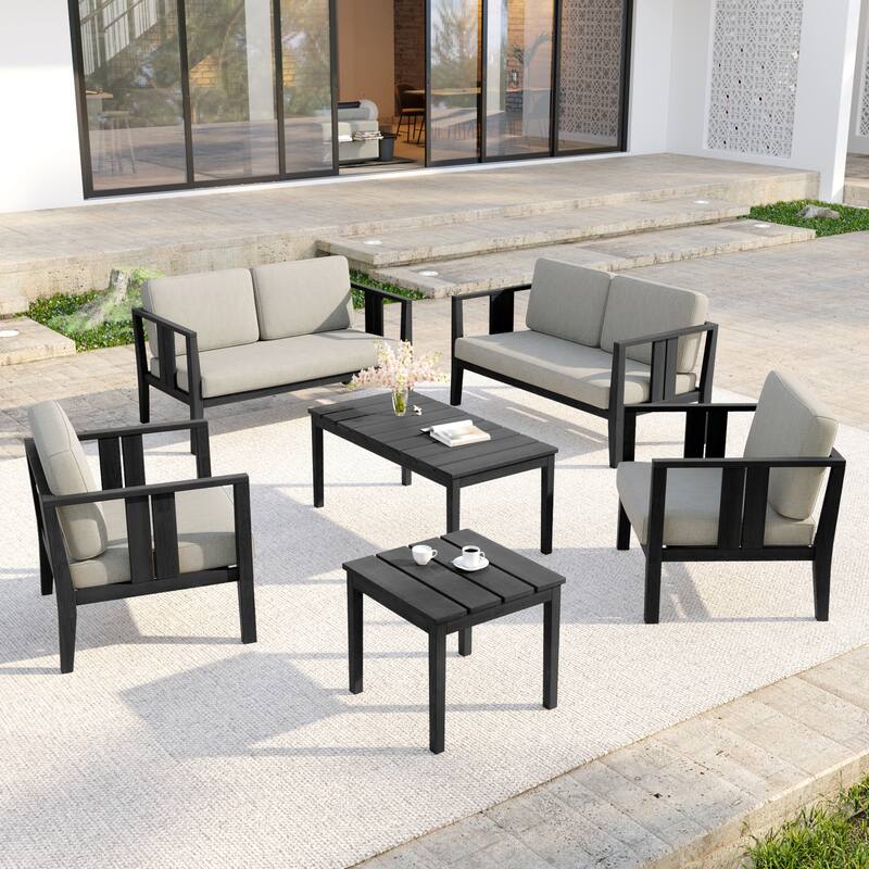 Casual 6-Piece Outdoor Patio Furniture Set In Solid Teak Wood - Dark Wood - Light Camel