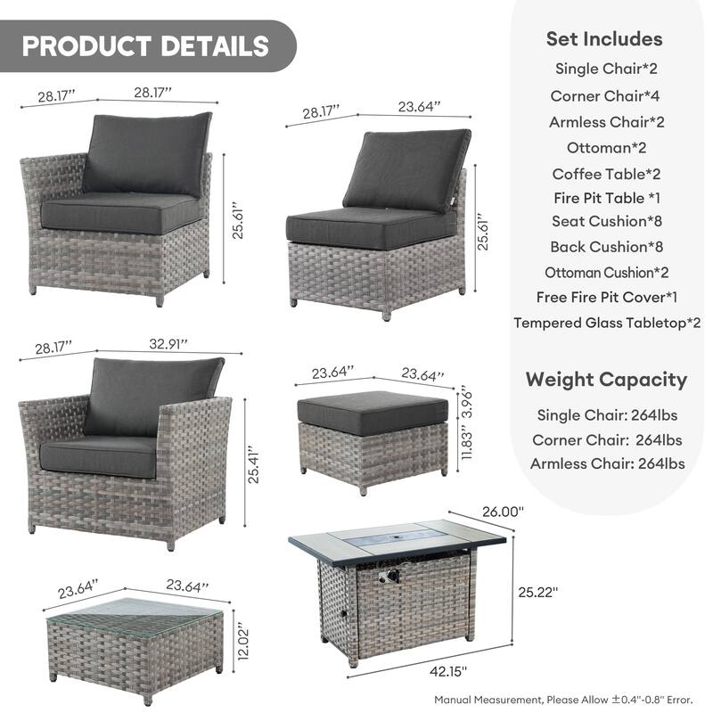 XIZZI 13-piece Patio Furniture Outdoor Wicker Sectional Set with Fire Pit
