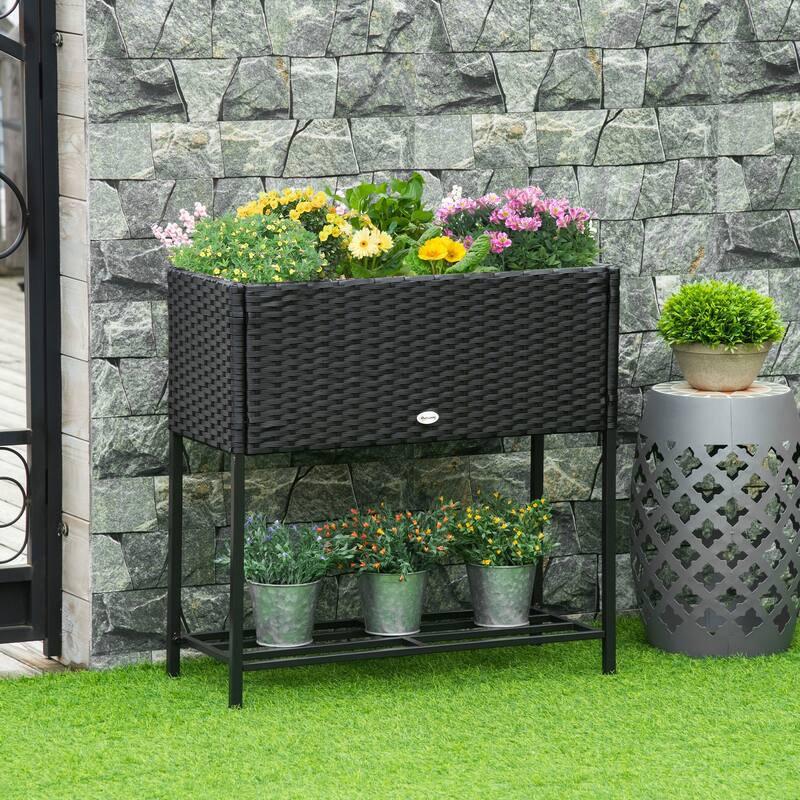 Modern Minimalist Garden Bed with Rattan Wicker Look Tool Storage Shelf, for Herbs Vegetables Flowers, Black - 8' x 10'