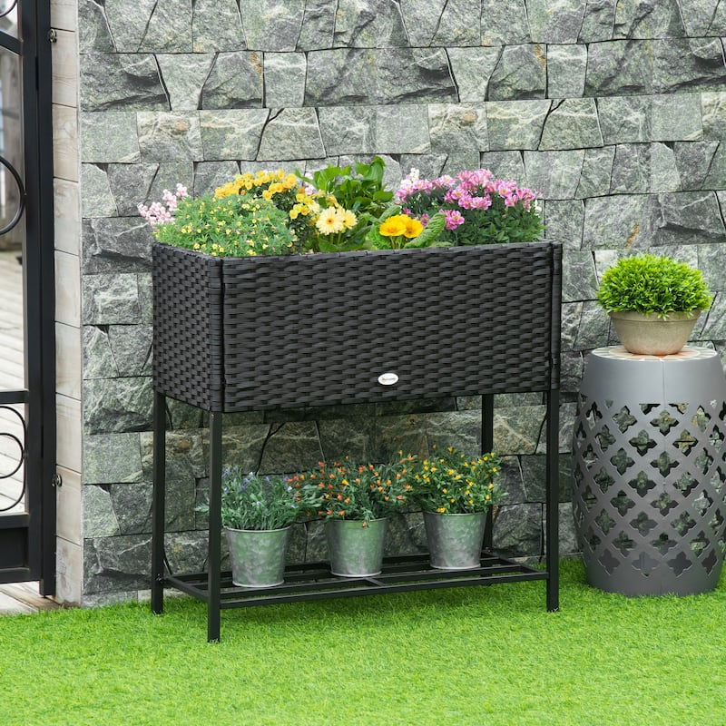 Raised Garden Bed, Elevated Planter Box with Rattan Wicker Look, Tool Storage Shelf, Portable Design for Herbs