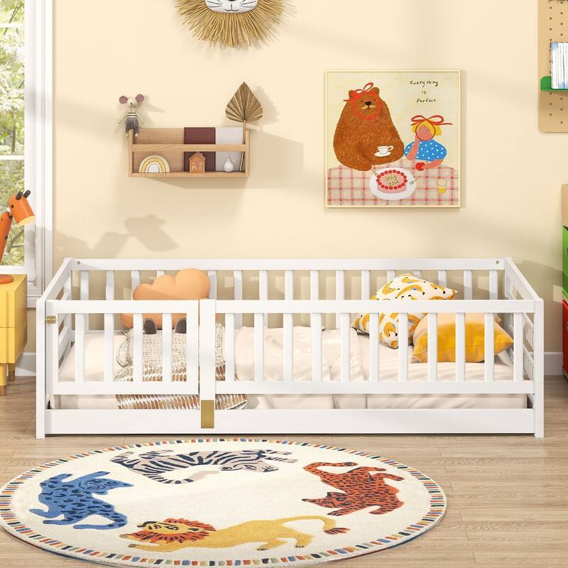Gymax Twin Size Floor Bed w/High Fence & Door Safety Guardrails Wood