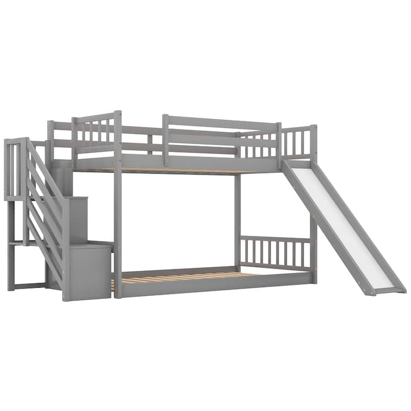 Gray Twin Size Solid Wood Bunk Bed with Convertible Slide, Stairway, Storage Shelves